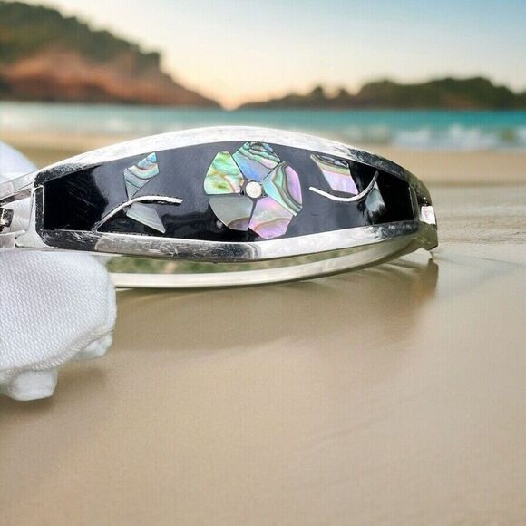 Vintage Alpaca‎ Mexico Women's Bracelet Abalone Shell Floral Silver Tone Signed - Picture 2 of 16